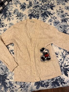 Vintage Beige Women’s Cardigan with Mickey Patch